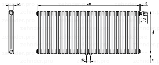 Схема (чертеж) Радиатор Zehnder Charleston 2075/28 №V008 Белый глянцевый RAL 9016
